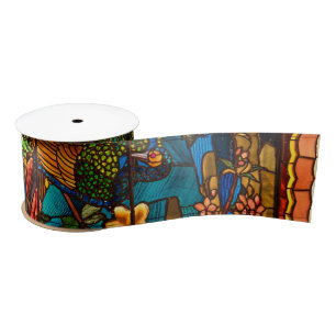 Ruban En Satin Vitraux vintage avec paons et fleurs