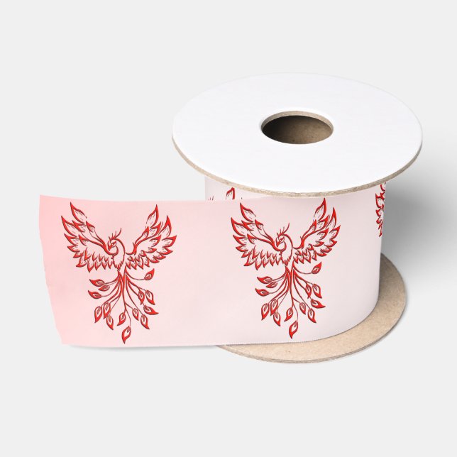 Ruban En Satin Vol d'un Phoenix rouge sur rose (Bobine)