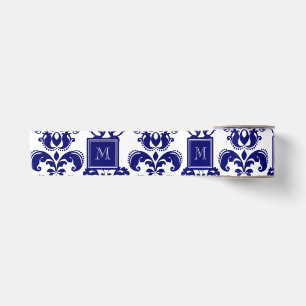 Ruban En Satin Votre monogramme, motif 2 de damassé de bleu
