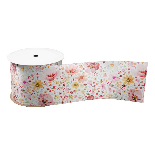 Ruban En Satin Watercolor Blush Pink Wildflower Pattern Elegant  (Bobine)