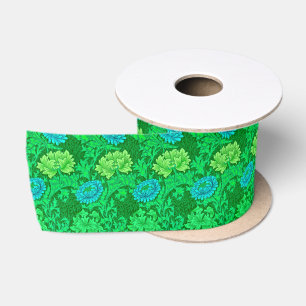 Ruban En Satin William Morris Chrysanthemums, Lime Green & Aqua