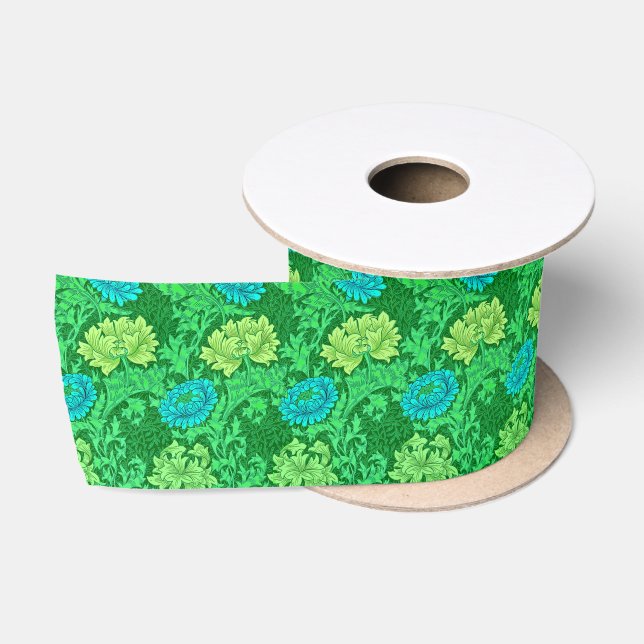 Ruban En Satin William Morris Chrysanthemums, Lime Green & Aqua (Bobine)