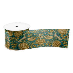Ruban En Satin William Morris Motif Rose Tudor Bleu Doré