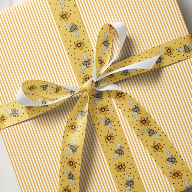 Ruban Gros-grain Abeilles et fleurs de miel jaune élégant (Elegant Bees, Flowers & Dots Pattern in Chic Mustard Yellow. Hand Drawn Honeybees & Spring Flowers.)
