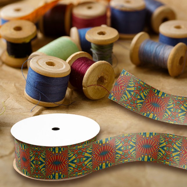 Ruban Gros-grain Abstrait hippie rouge jaune bleu ethnique Trippy (Créateur téléchargé)