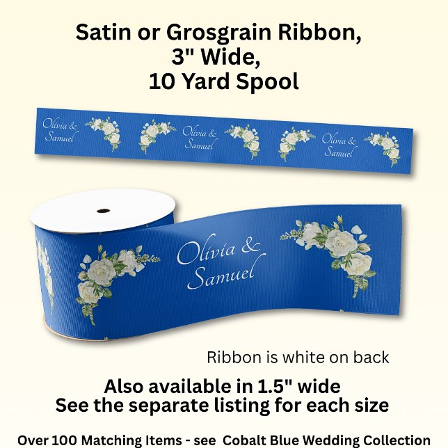 Ruban Gros-grain Ajouter des noms, 3 pouces large Cobalt bleu Roses (Créateur téléchargé)