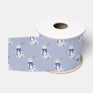 Ruban Gros-grain Aquarelle Bleu et blanc Chinoiserie Lapin Rabbit