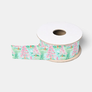 Ruban Gros-grain Aquarelle de Noël Palm Beach Pink & Green Trees