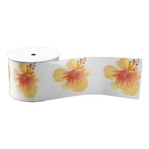 Ruban Gros-grain Aquarelle Hibiscus Jaune Orange Floral Tropical