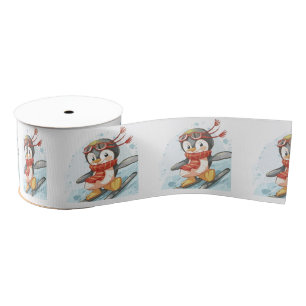 Ruban Gros-grain Aquarelle Pingouins Ski de neige