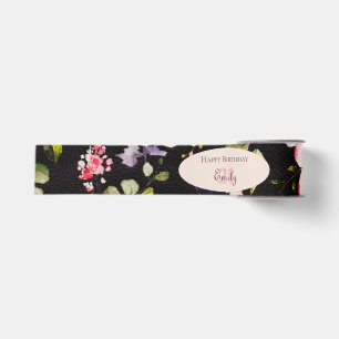 Ruban Gros-grain Aquarelle Roses rose et jaune sur Noir, Anniversai