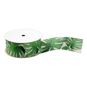 Ruban Gros-grain Aquarelle verte Monstère tropicale Motif sur rose