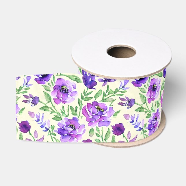 Ruban Gros-grain Aquarelle violet vert Floral Pays Français (Bobine)
