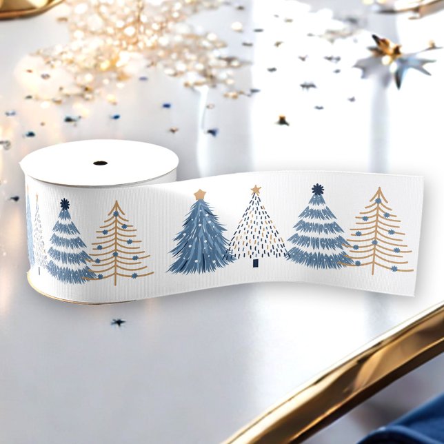 Ruban Gros-grain Arbres Bleus Moderne Simples vacances de Noël (Blue Trees Modern Simple Christmas Holiday Grosgrain Ribbon)