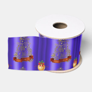 Ruban Gros-grain Arbres de Noël dorés en bleu