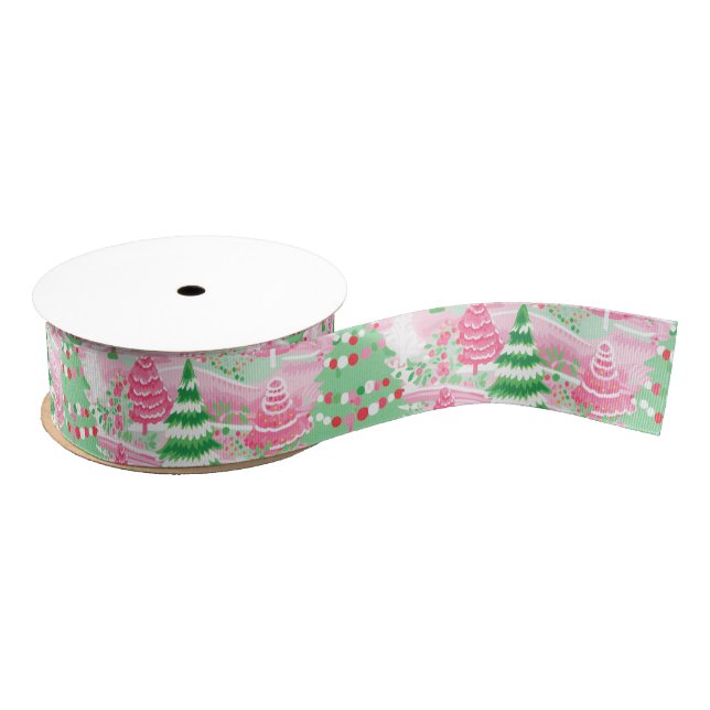 Ruban Gros-grain Arbres de Noël roses et verts (Bobine)