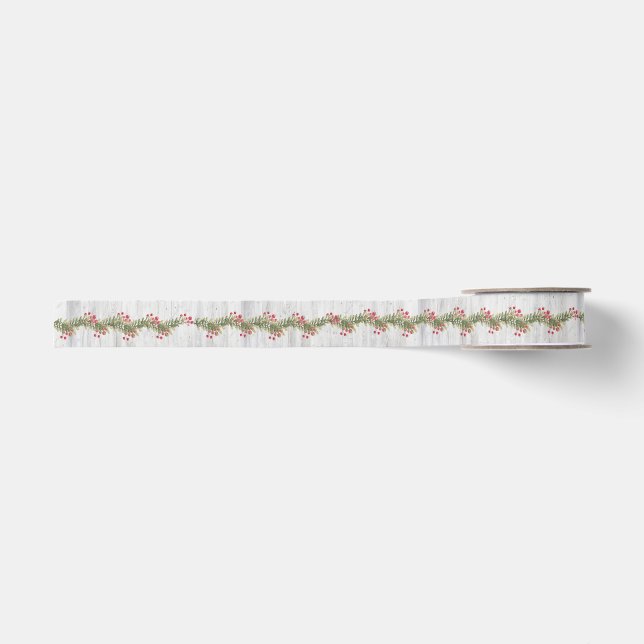 Ruban Gros-grain Barnboard gris rustique Holly et Berries rouges 1, (Devant)