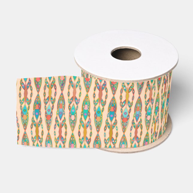 Ruban Gros-grain Batik Tribal - Peach rose et Turquoise (Bobine)