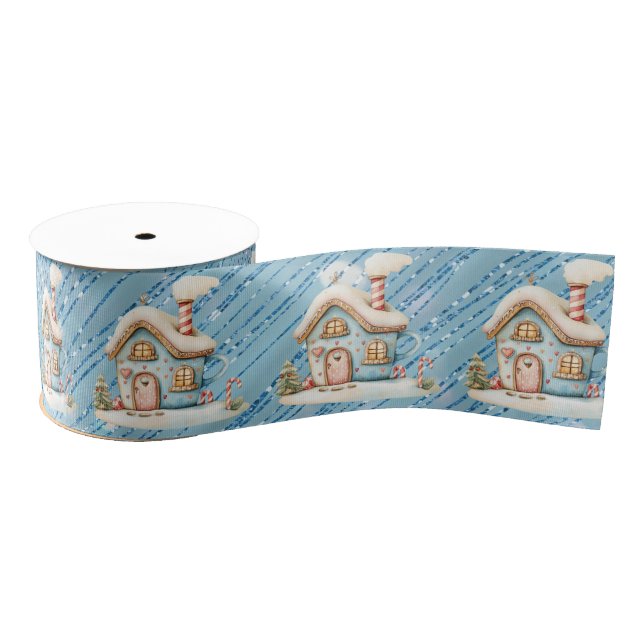 Ruban Gros-grain Blue Gingerbread House on Blue Glitter (Bobine)