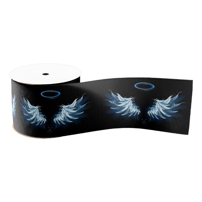 Ruban Gros-grain Blue Glowing Angel Wings on black background (Bobine)