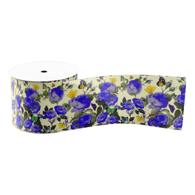 Ruban Gros-grain BLUE ROSES AND YELLOW BUTTERFLIES White (Bobine)