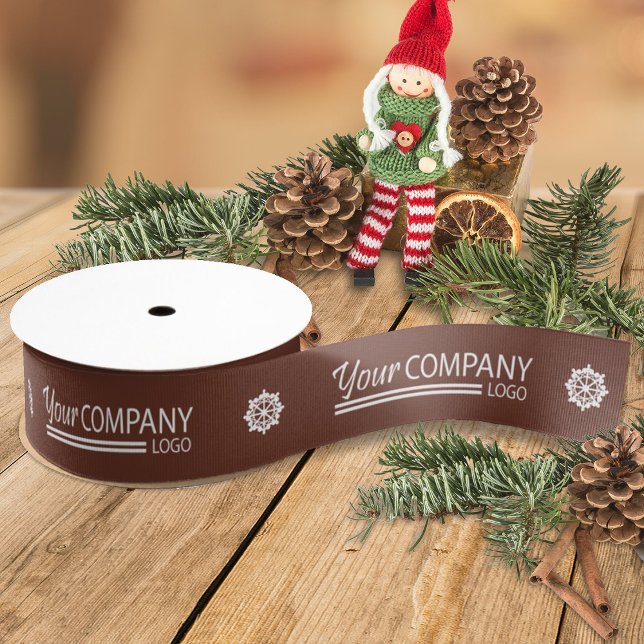 Ruban Gros-grain Brown White Company Logo Flocon de neige Noël (dark brown company logo gift ribbon, personalized promo promotional christmas holiday favor wrapping)
