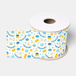 Ruban Gros-grain Chanukah Dreidels Doughnut Gold Blue White