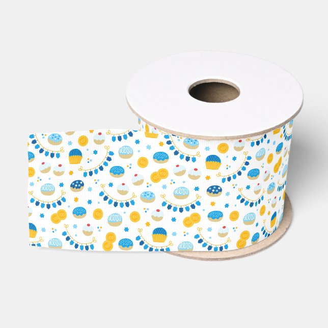Ruban Gros-grain Chanukah Dreidels Doughnut Gold Blue White (Bobine)