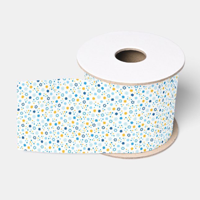 Ruban Gros-grain Chanukah Etoiles juives Snowflakes Blanc Bleu Or (Bobine)