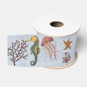 Ruban Gros-grain Chevalier de mer Nautique méduse Starfish Coral 3"