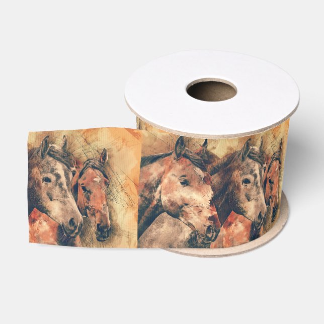 Ruban Gros-grain Chevaux Peinture d'aquarelle artistique (Bobine)