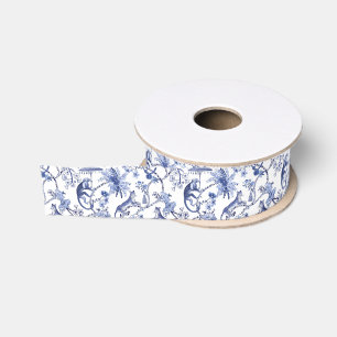 Ruban Gros-grain Chinoiserie Chic Jungle Toile   Bleu et blanc