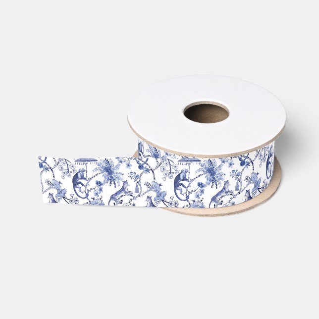 Ruban Gros-grain Chinoiserie Chic Jungle Toile | Bleu et blanc (Bobine)
