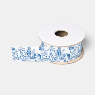 Ruban Gros-grain Chinoiserie Chic Pagoda   Bleu et blanc