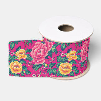 Ruban Gros-grain Chinoiserie rose et jaune brillant Floral