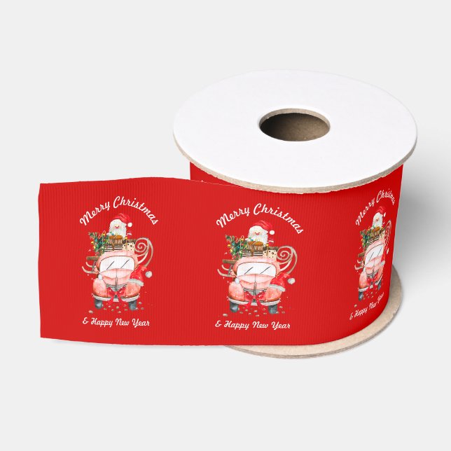 Ruban Gros-grain Christmas red santa truck with gifts (Bobine)
