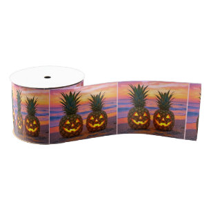 Ruban Gros-grain Citrouilles de Halloween en ananas sur une plage