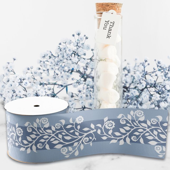 Ruban Gros-grain Classé Vintage Floral Arabesque Boho Dusty Blue (Créateur téléchargé)