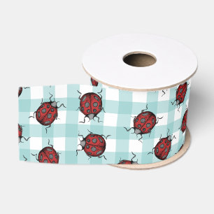 Ruban Gros-grain Coccinelle et motif de nature à carreaux turquoise