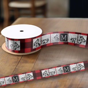Ruban Gros-grain Collage de photos - Monogramme rouge noir plaid de