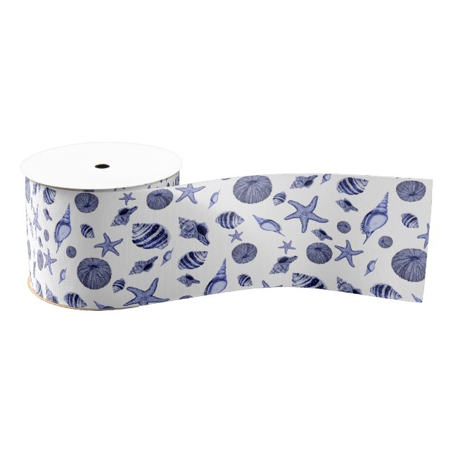 Ruban Gros-grain Coquillages bleus et blancs (Bobine)