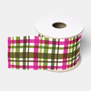 Ruban Gros-grain Couleurs de Noël Carreaux Vert Magenta Blanc