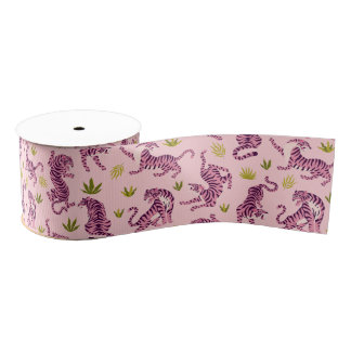 Ruban Gros-grain Cute Pink Tigers Tropical Leaves Abstract Animal