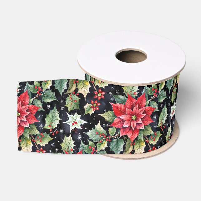 Ruban Gros-grain Dark Botanical Poinsettia and Christmas Holly (Bobine)