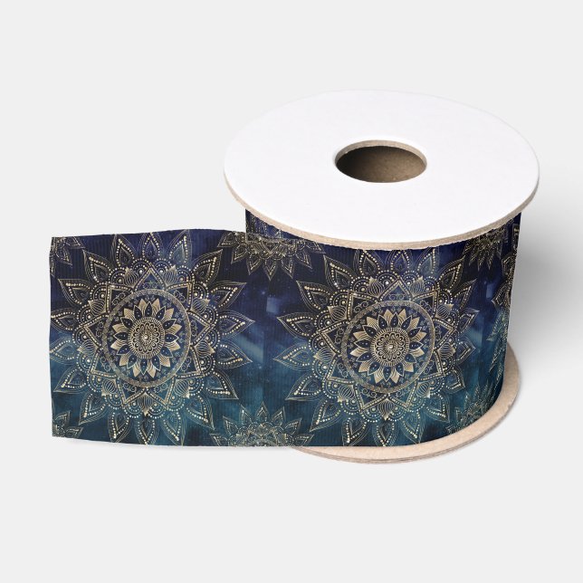 Ruban Gros-grain Elégant Mandala Gold Blue Galaxy (Bobine)