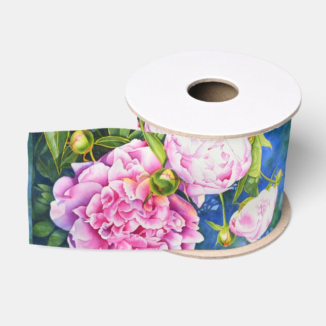 Ruban Gros-grain Elégant rose blanc classique aquarelle floral (Bobine)