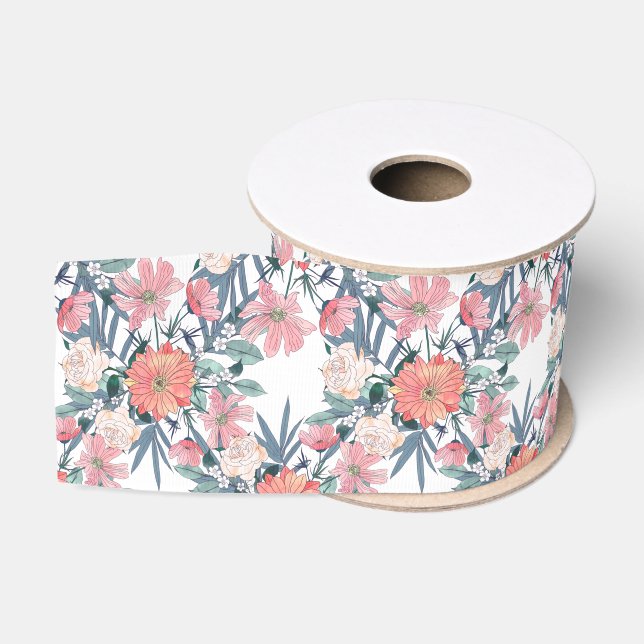 Ruban Gros-grain Elégant rose Fleurs Aquarelle Floral (Bobine)
