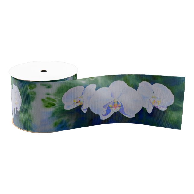Ruban Gros-grain Elégante aquarelle blanche orchidées boho tropical (Bobine)