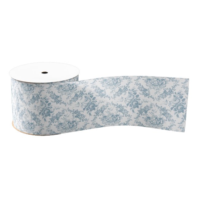 Ruban Gros-grain Elégante toile florale blanche et bleue gravée (Bobine)