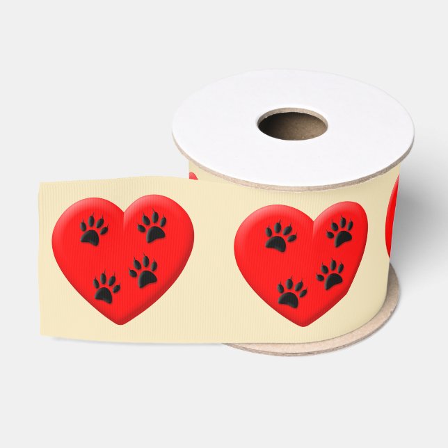 Ruban Gros-grain Empreinte de patte Animaux En Coeur Rouge (Bobine)